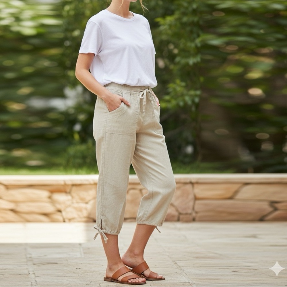 Linen Women’s Beige Cropped Cargo Pants size small Wide Leg with drawstring